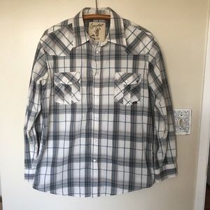 Coastal White Gray Blue Plaid Shirt W/ Snap Button